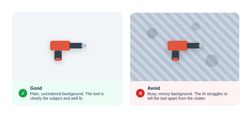 A clear, uncluttered tool photo the AI can read easily, beside a busy, cluttered shot it will struggle with