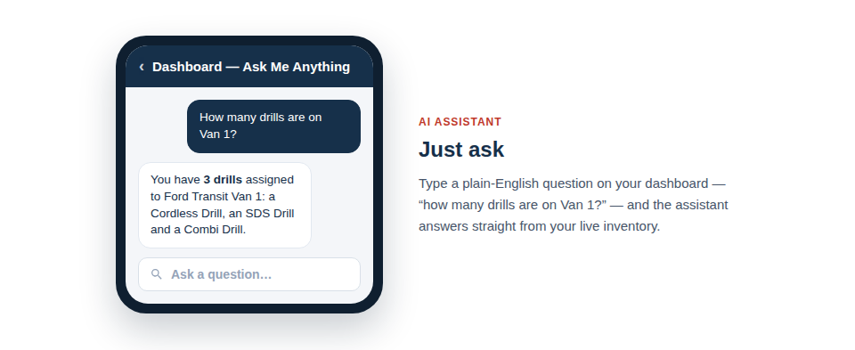 The AI assistant answering a plain-English question about tools on a van, straight from the live inventory