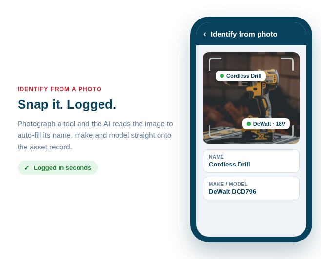 The AI reading a clear photo and suggesting the tool's name, make and model, ready for you to confirm