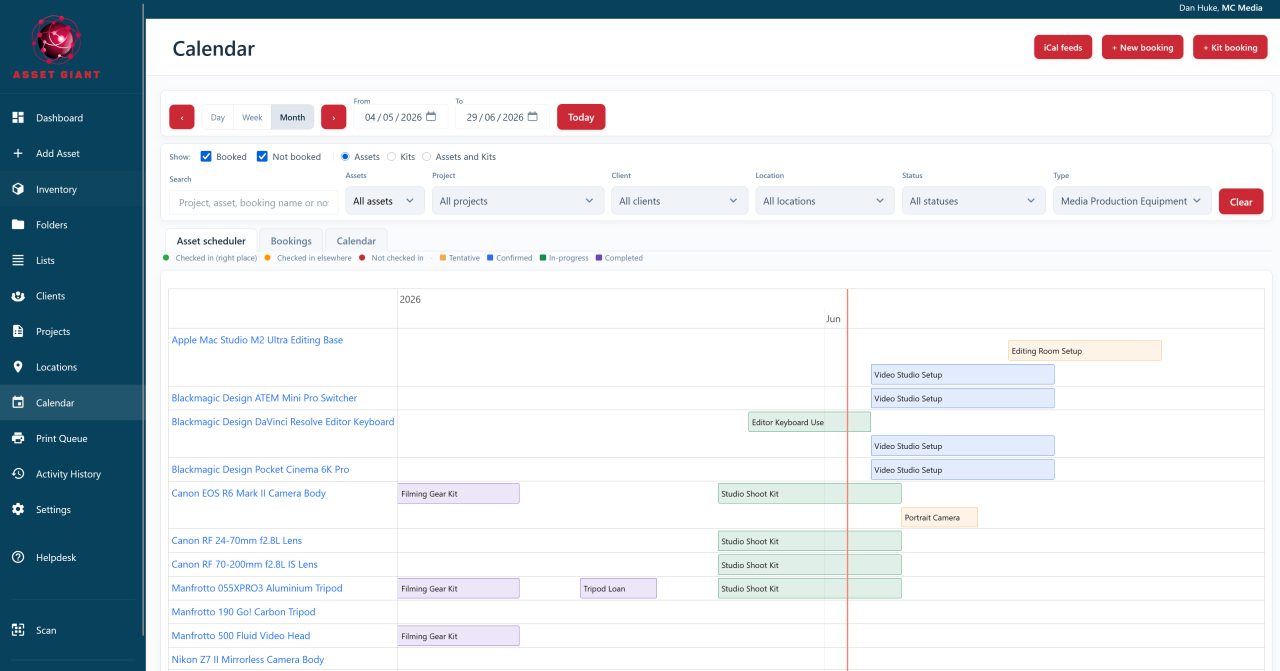 The booking calendar showing kit reserved across different jobs and dates, with clashes visible at a glance