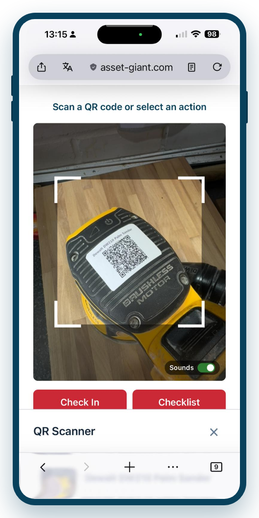 Checking a tool out by scanning — who took it, where it went and when, logged in seconds.