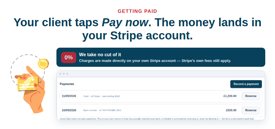 The client taps Pay now on the invoice; the charge is made on your own Stripe account and records itself against the invoice.