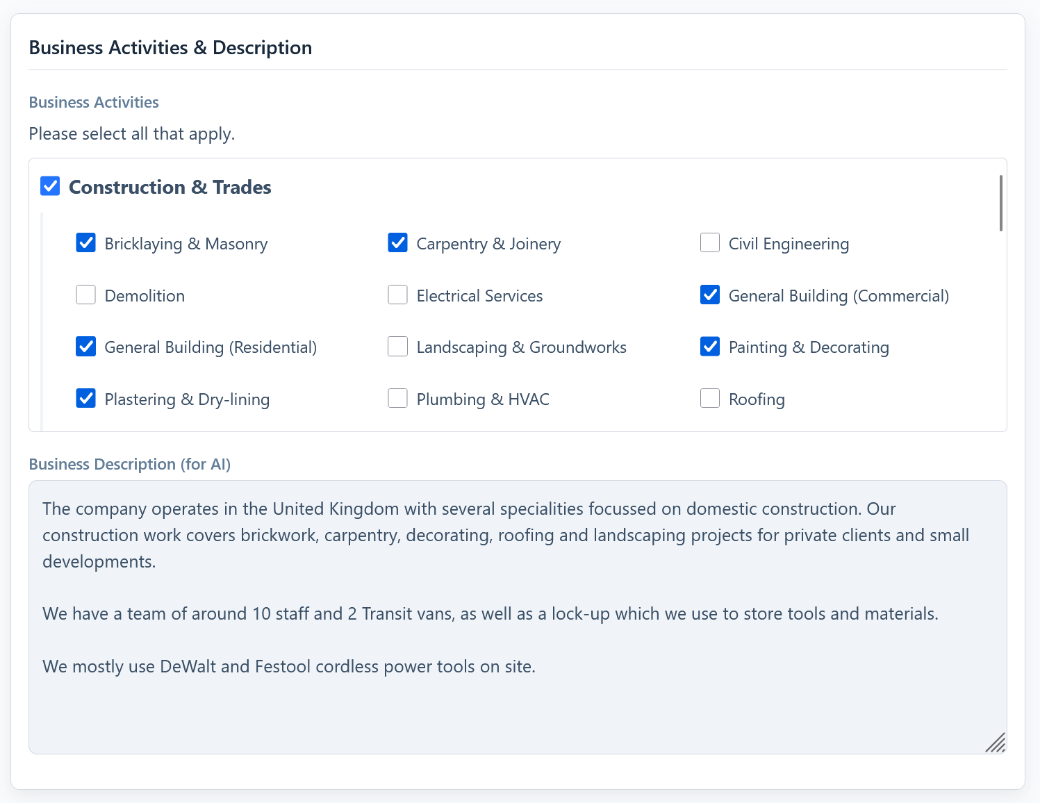 Screenshot — the Company Profile settings showing your business activities and description.