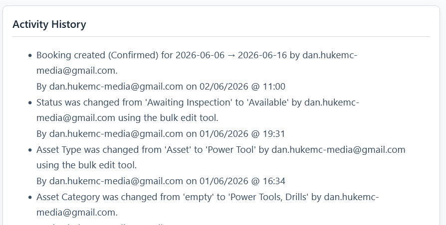 Screenshot — the Activity History showing recent changes with user names and dates.
