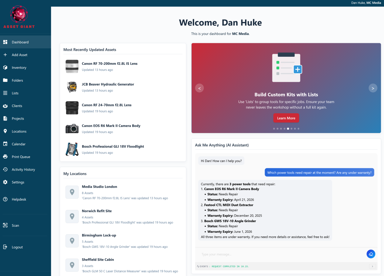 Screenshot — the "Ask Me Anything" AI assistant card on the dashboard with a sample question and answer.
