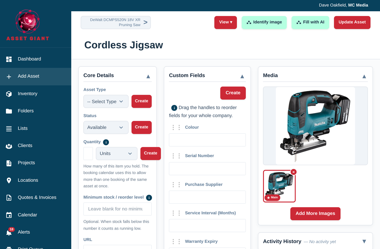 Screenshot — a Makita cordless jigsaw photographed on site, on a new asset record whose make, model, category and type are all still empty, with the Identify image button above it.