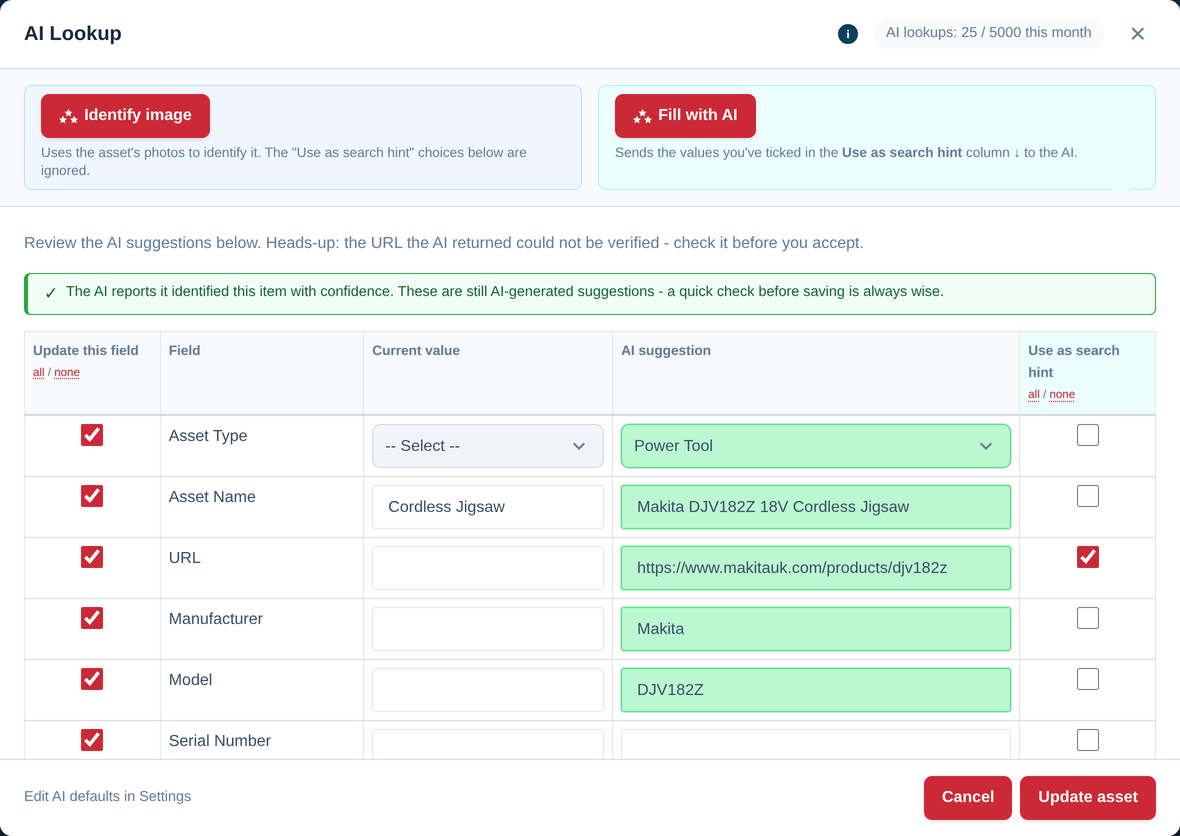 Screenshot — AI asset identification from the same photo, filling in Makita, DJV182Z, Power Tool and a product link, each shown beside the empty current value ready to accept.