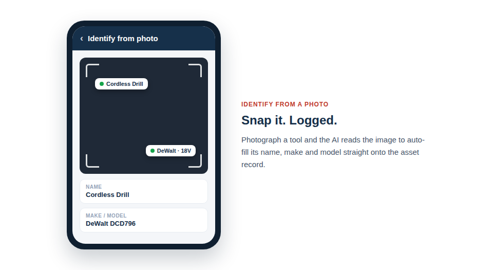 Illustration — a phone photographing a drill, with an asset record auto-filling its name, make and model from the image.