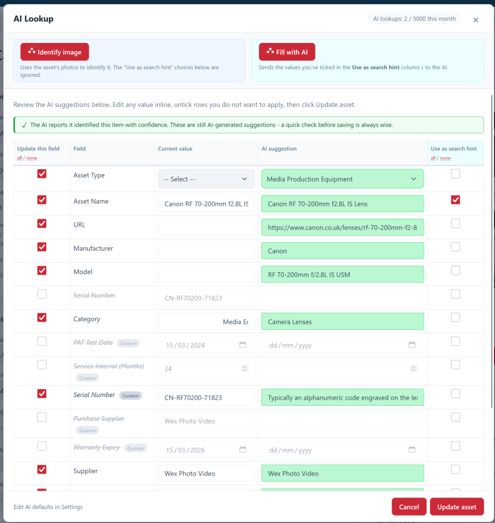 Screenshot — the AI Lookup review window showing AI-suggested values ready to accept or edit.
