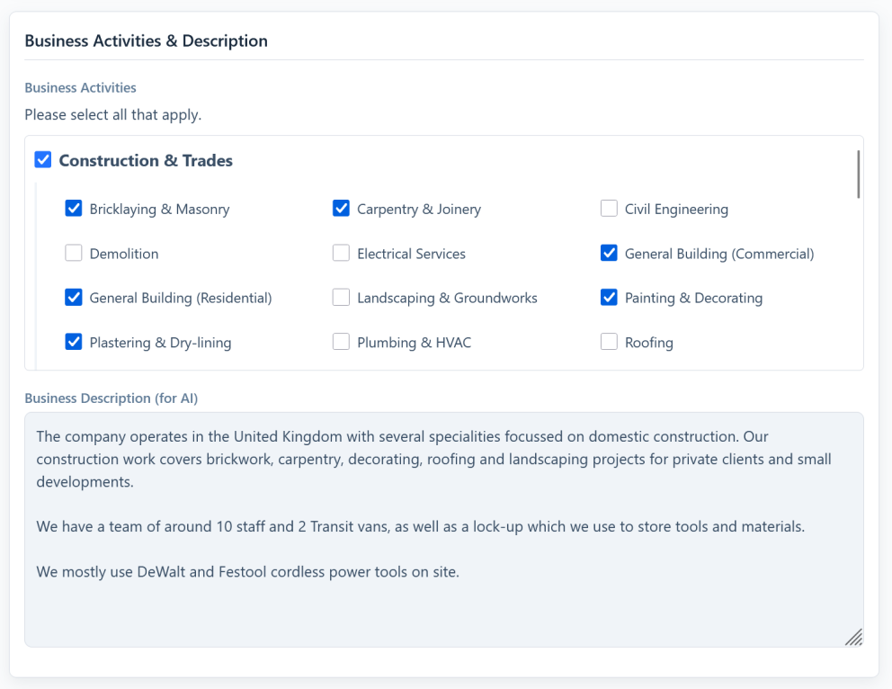 Screenshot — the company business description field in settings that tunes the AI.