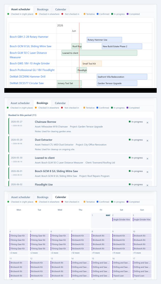Screenshot — the Calendar's three tabs stacked: the Asset Scheduler (one row per asset, bookings as pills across a time grid), the Bookings list (card-based, quick to read on a phone), and the Calendar grid (the familiar Day / Week / Month layout with colour-coded chips) — all sharing the same date range and filters.