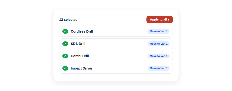 Illustration — many inventory rows selected at once, with a single action being applied to all of them.