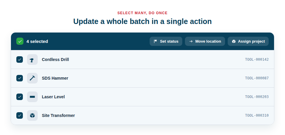 Illustration — many inventory rows selected at once, with a single action being applied to all of them.