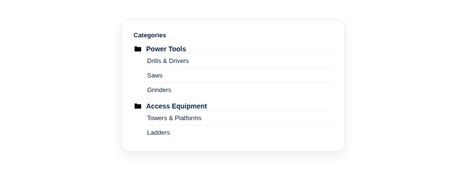 Illustration — assets sorting themselves into a tidy two-level category tree, for example Power Tools > Drills & Drivers.