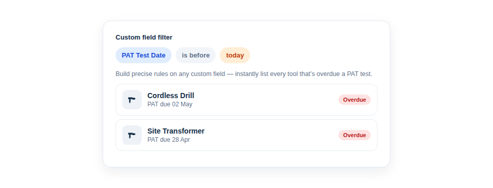Illustration — a filter rule being built on a custom field, for example "PAT Test Date is before today".