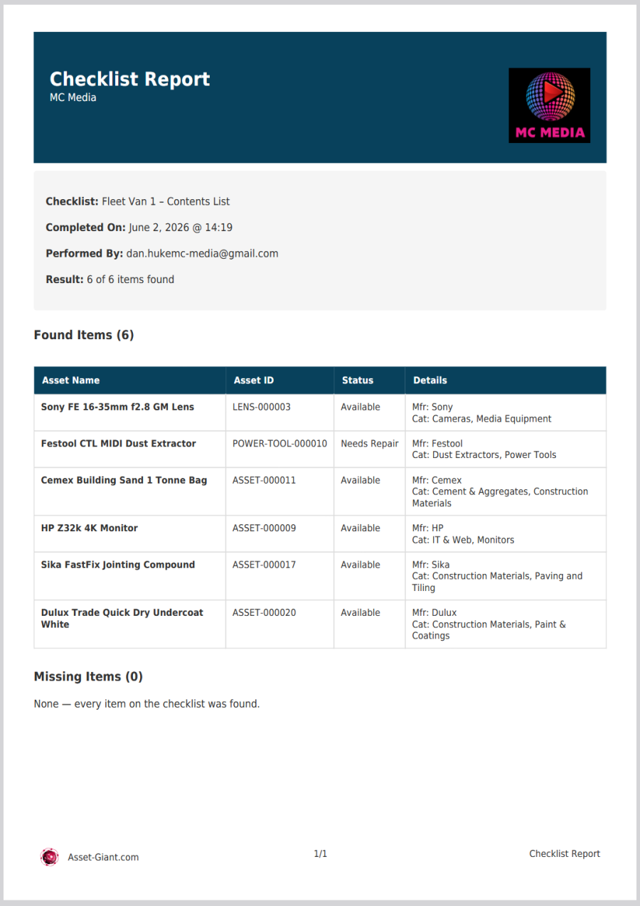 Screenshot — a checklist run report PDF showing the date, the items scanned versus missed, and the download option.