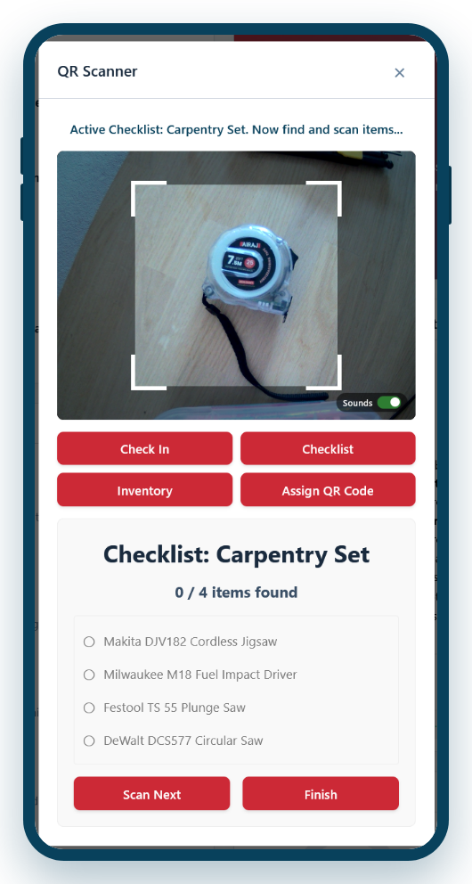 Screenshot — a carpentry job checklist running on a phone, each item ticking off as it's scanned.