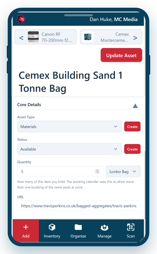 Screenshot — a consumable asset record showing a quantity on hand and a unit of measure.