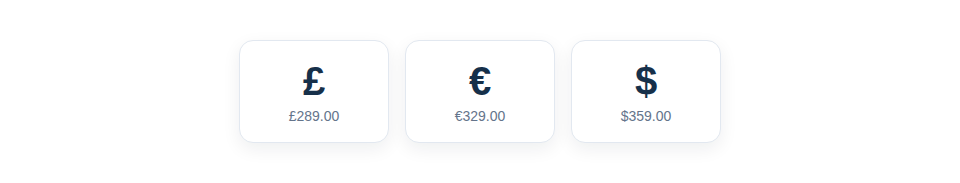 Illustration — purchase prices across the system shown in the user's chosen currency symbol.