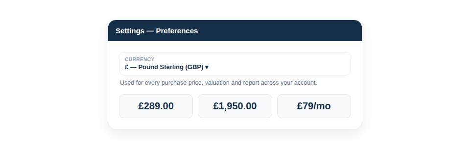Screenshot — the currency setting in company preferences.
