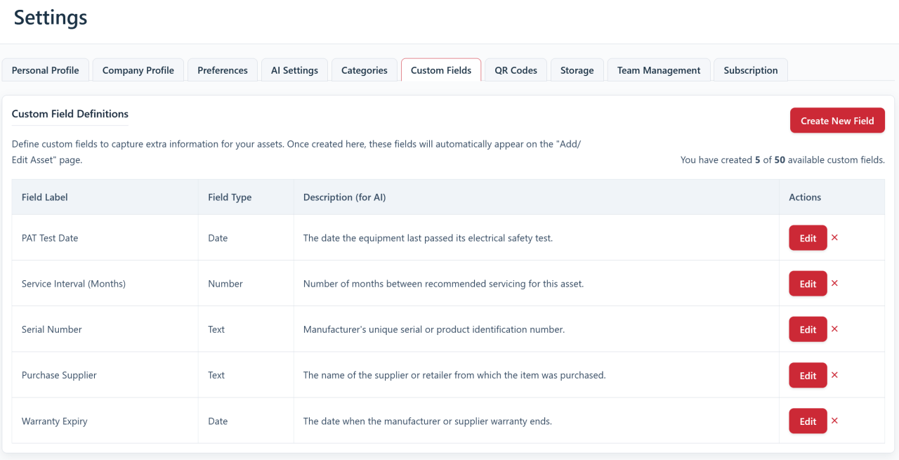Screenshot — the Custom Fields settings page, where you create each field and choose its type.