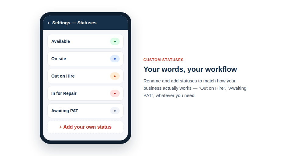 Illustration — a status list being customised with the user's own labels.