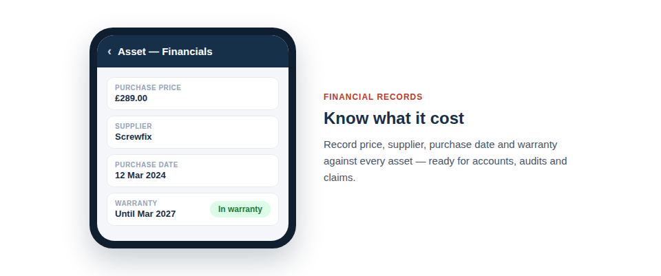 Illustration — an asset record showing a price tag, a supplier label, a purchase date and a warranty badge.