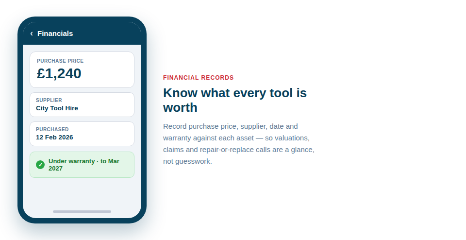 Illustration — an asset record showing a price tag, a supplier label, a purchase date and a warranty badge.