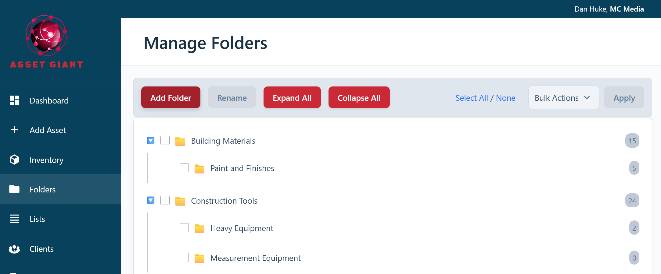 Screenshot — the Folders Explorer showing the folder tree on the left and the items inside a folder on the right.