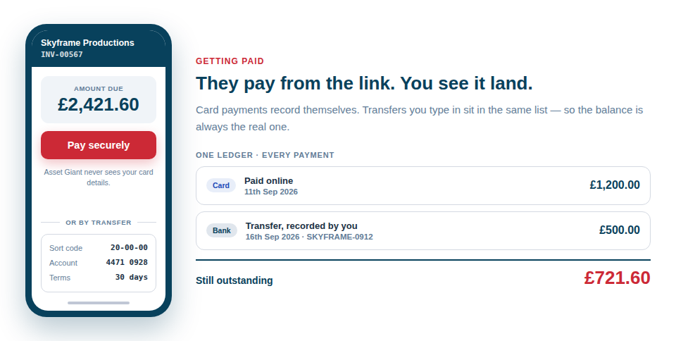 An illustration of an invoice share link opening on a phone, with the Pay now panel and the payment details beneath it