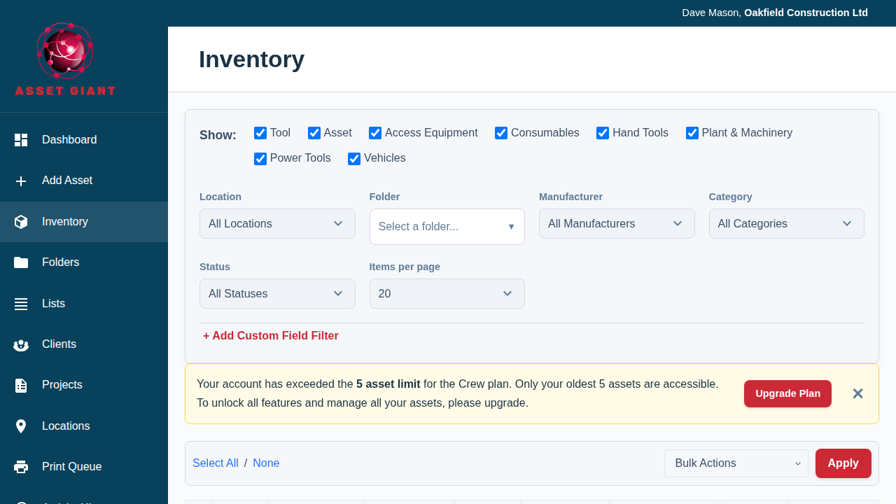 Screenshot — the inventory showing a clear over-limit banner with older items paused.