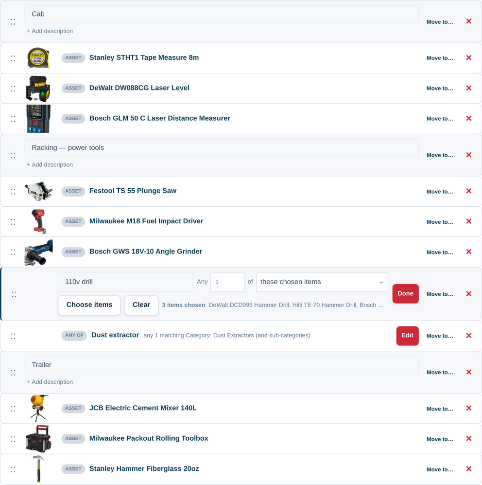 Screenshot of a substitute line open for editing on the Manage List page, showing the line name, the Any-of quantity, the mode dropdown and the three chosen drills listed beneath it