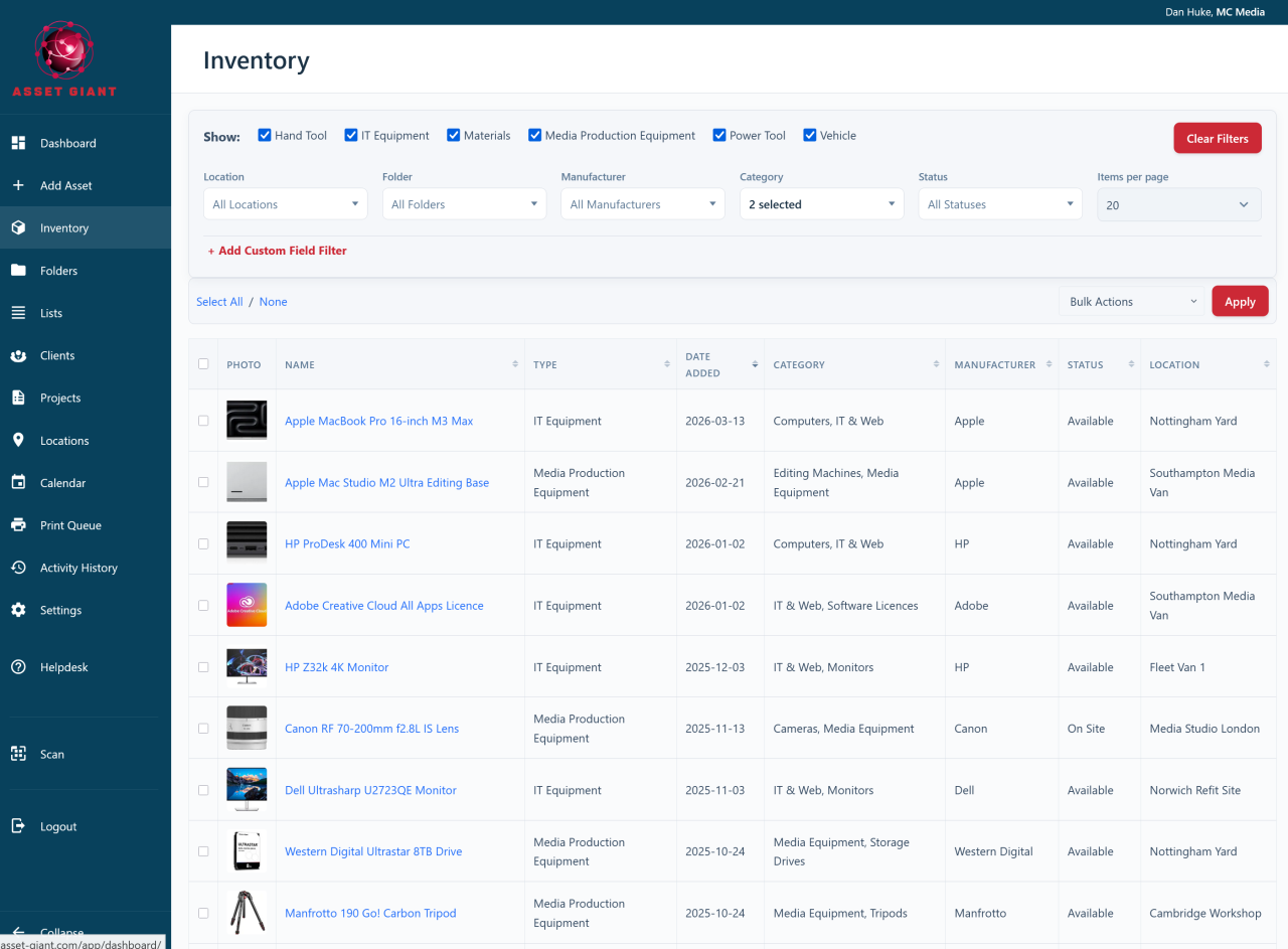 Screenshot — the Inventory list, with every tool searchable by photo, type, category, status and location.