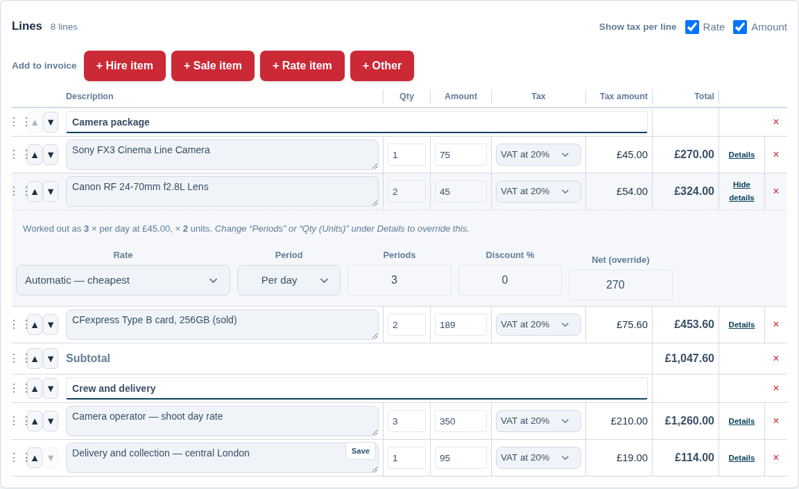 A screenshot of the document builder for a film-hire invoice: two section headings, a subtotal, and hire, sale, labour and free-text lines together, with the per-line tax rate and tax amount columns switched on