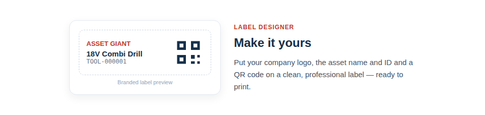 Illustration — a branded asset label carrying a company logo, the asset name and ID, and a QR code, ready to print.