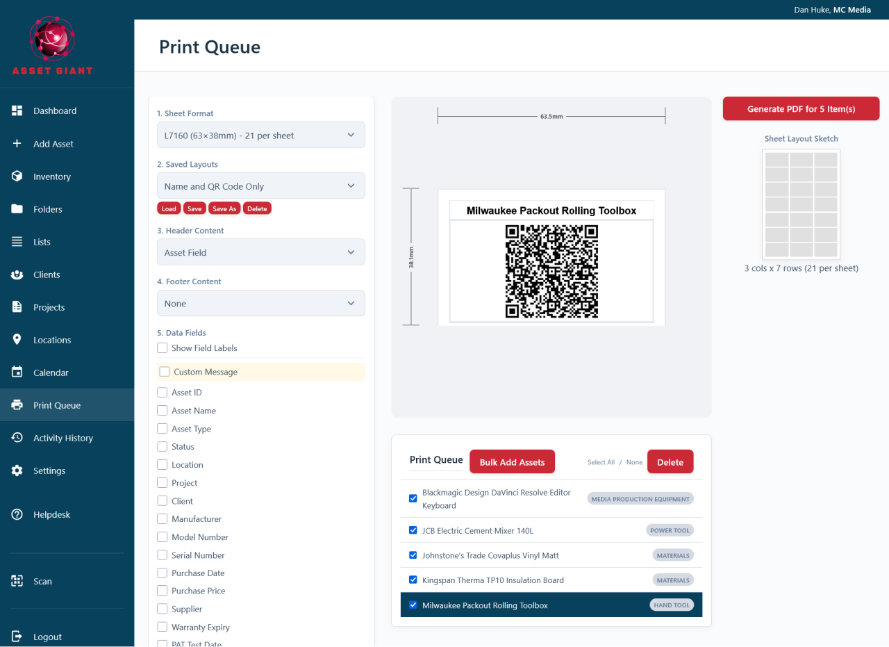 Screenshot — the label designer and print options showing layout and content choices.