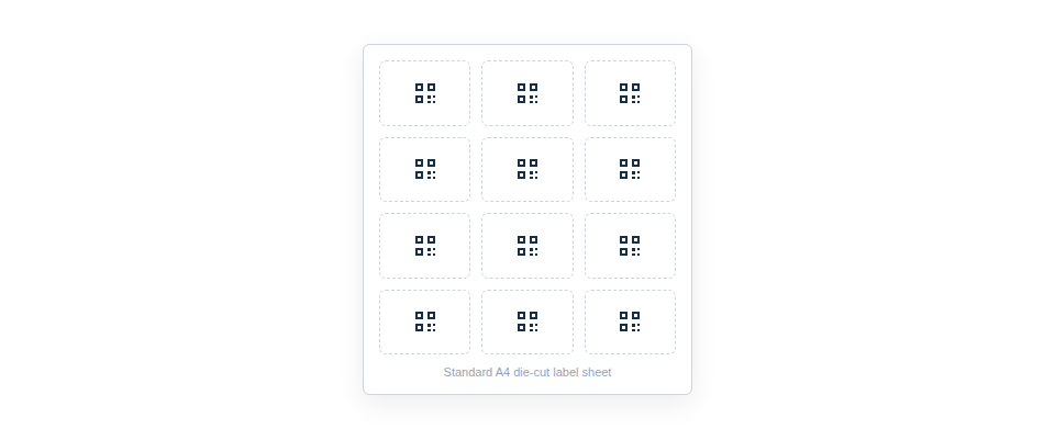 Illustration — a standard A4 label sheet with QR labels positioned precisely on each die-cut rectangle.