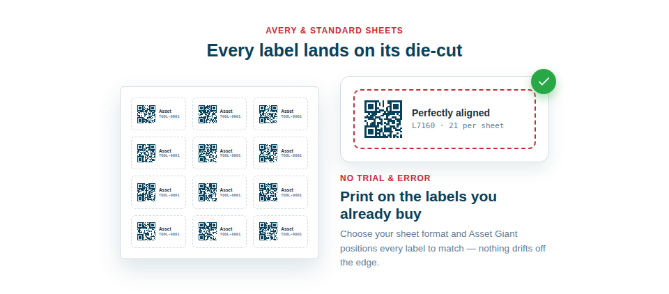 Illustration — a standard A4 label sheet with QR labels positioned precisely on each die-cut rectangle.