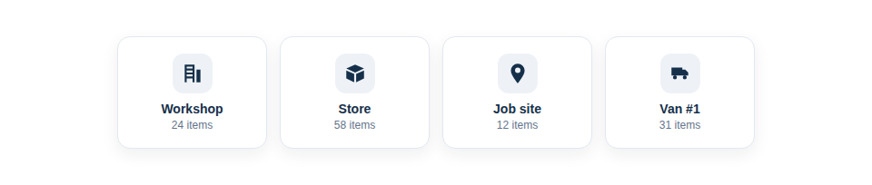 Illustration — a map of locations (workshop, store, site, van) each holding its own set of assets.