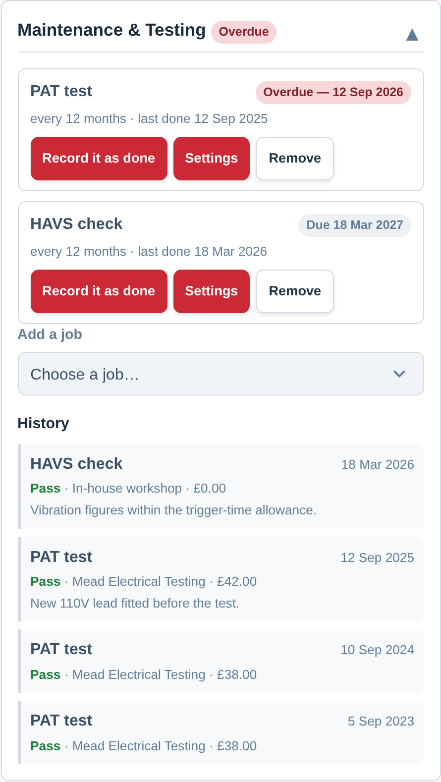 Screenshot of the Maintenance and Testing card on a circular saw, showing an overdue PAT test and a HAVS check with their next due dates, the Add a job picker, and three years of recorded tests beneath with the result, who did it and what it cost
