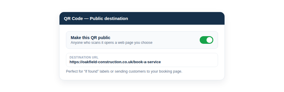 Screenshot — setting a custom destination URL for a public-facing QR code.