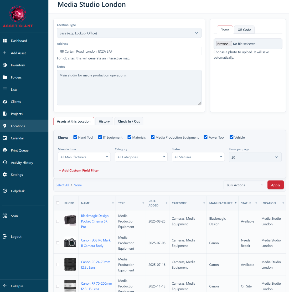 Screenshot — a location record showing all the assets held at that place.