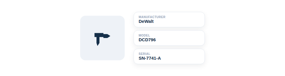 Illustration — a single tool clearly labelled with its Manufacturer, Model and Serial number.