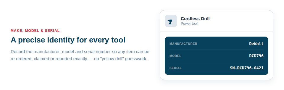 Illustration — a single tool clearly labelled with its Manufacturer, Model and Serial number.
