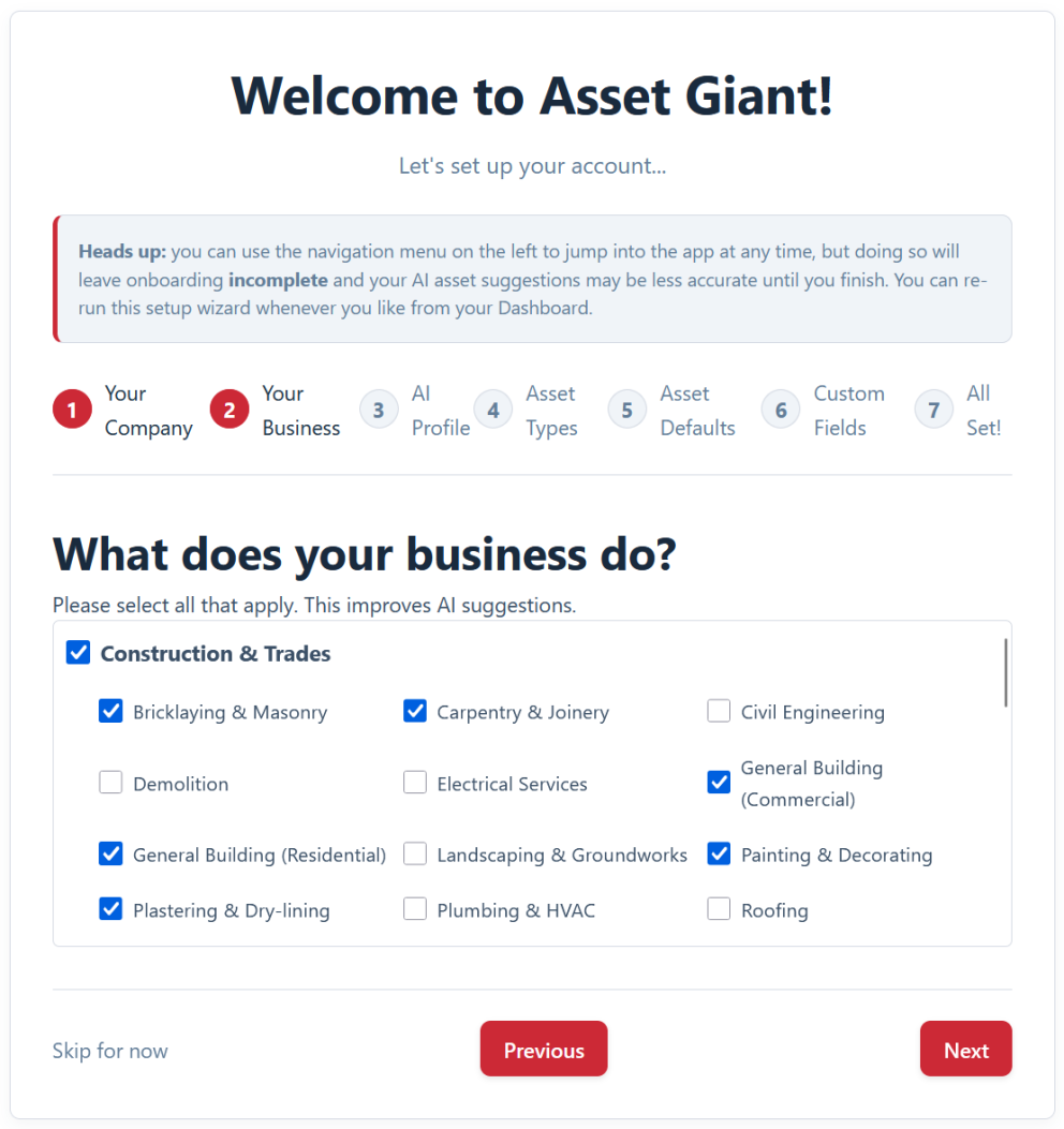 Screenshot — the onboarding wizard asking a few questions about your business.