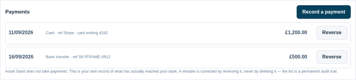 A screenshot of the payments panel on an issued invoice, showing a card payment taken online and a bank transfer recorded by hand in the same ledger, each with a Reverse button