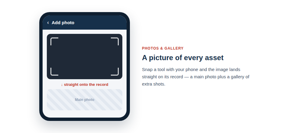 Illustration — a phone photographing a tool, with the image flowing straight onto the asset's record.