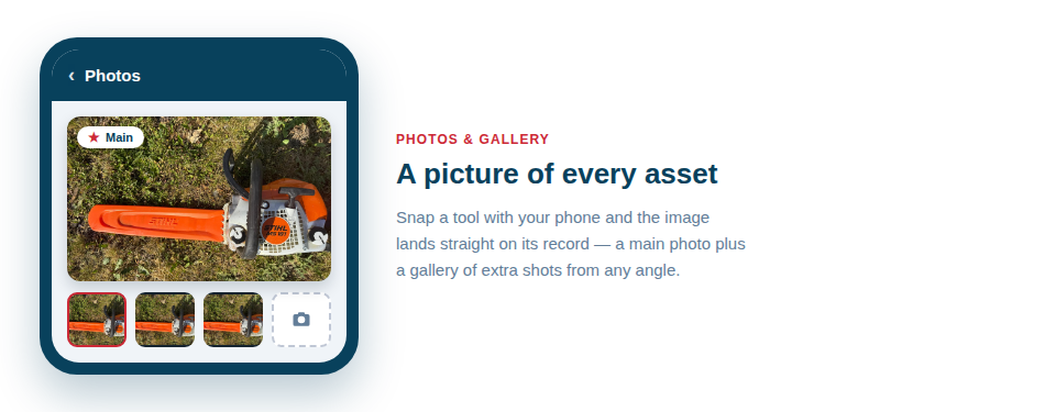 Illustration — a phone photographing a tool, with the image flowing straight onto the asset's record.