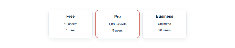 Illustration — a tidy comparison of plan tiers with clear limits for assets, users, AI and storage.