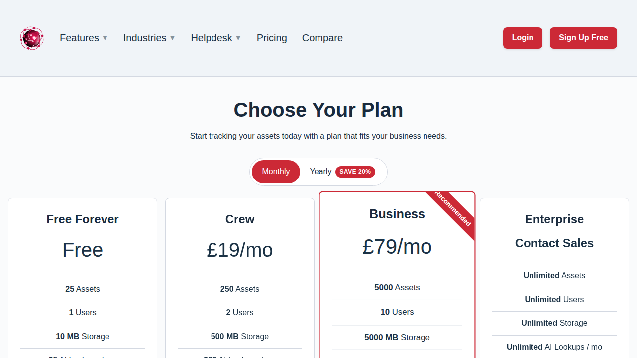 Screenshot — the pricing page showing the available plans and their limits.